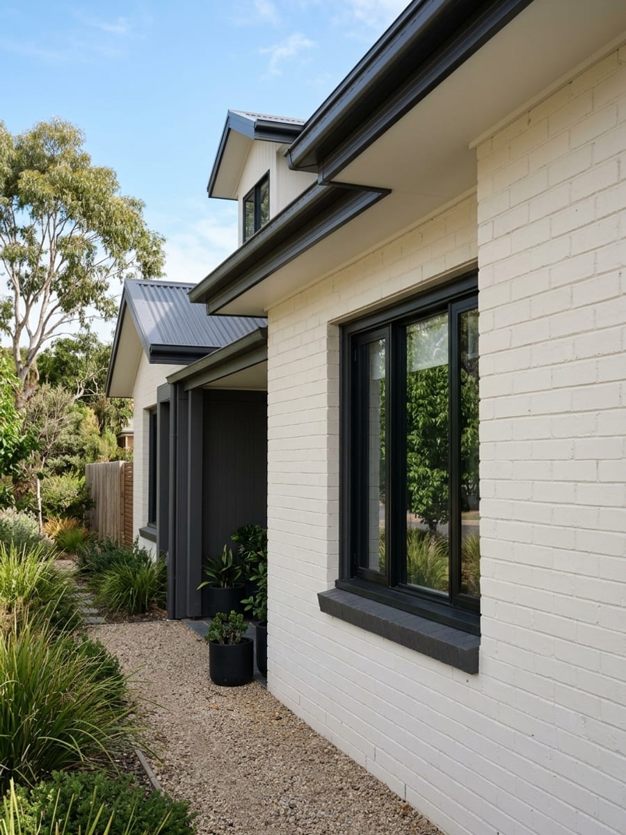 Exterior brick home facade repainted in modern off-white masonry coating